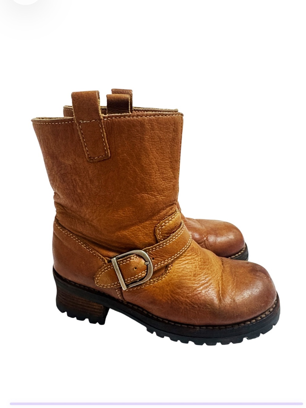 VINTAGE Y2K American Eagle tan/cognac leather chunky buckle heeled boot Size 6